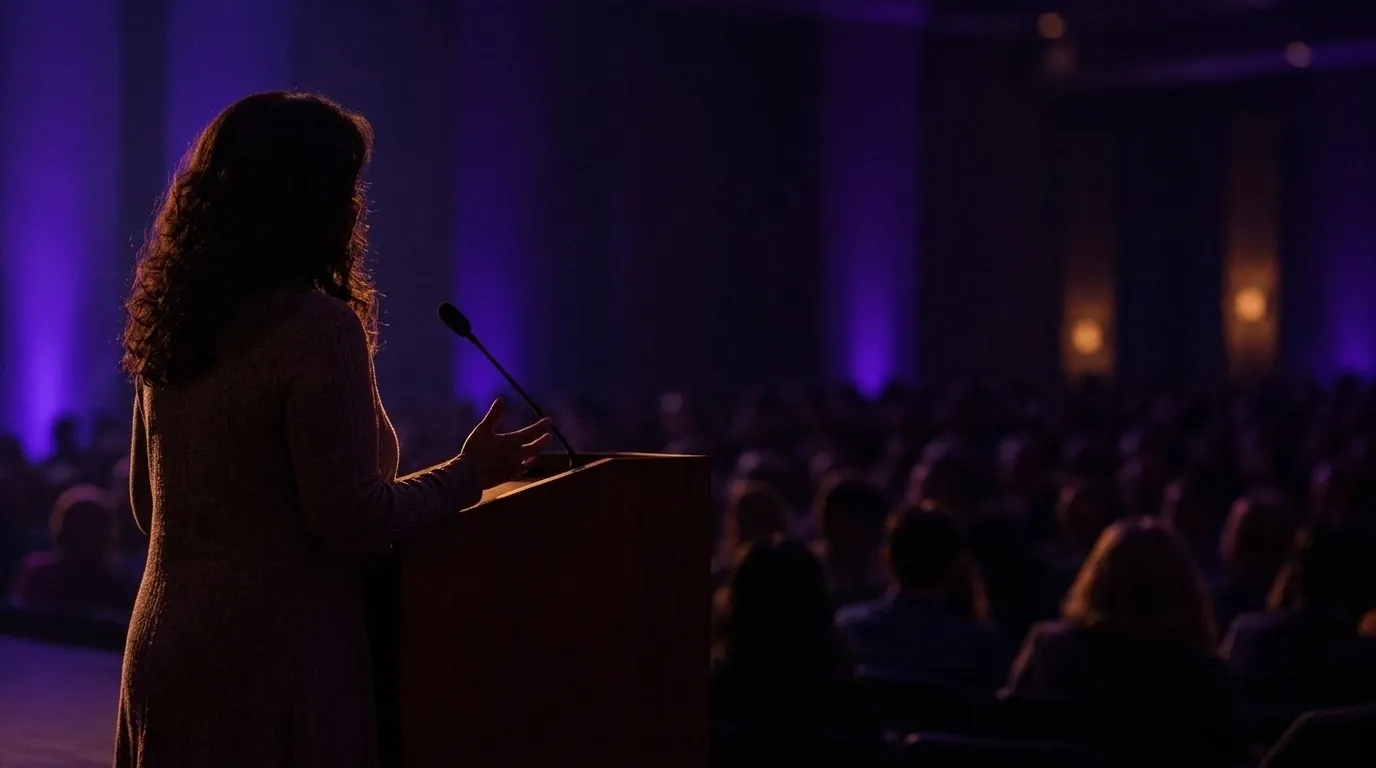 A speaker shown from behind and slightly to the side at a lectern before a seated audience under dim violet and warm stage lighting, her face hidden