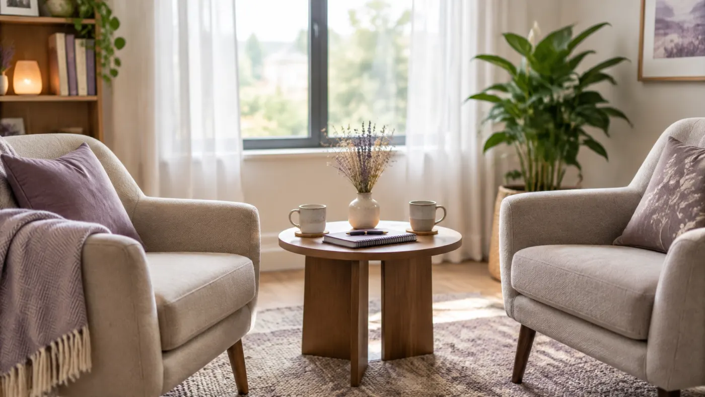 Two upholstered armchairs angled toward each other in a bright consultation room, with a low table, mugs and dried stems between them